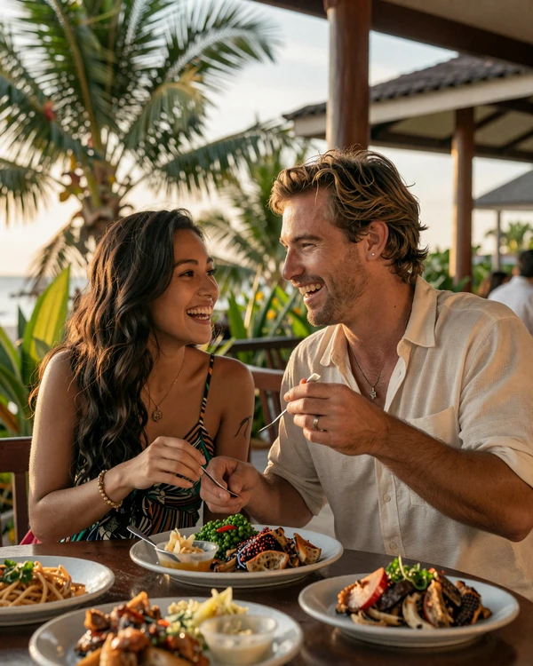 Western man and Filipina woman sharing a meal at a tropical restaurant representing successful Filipino women dating