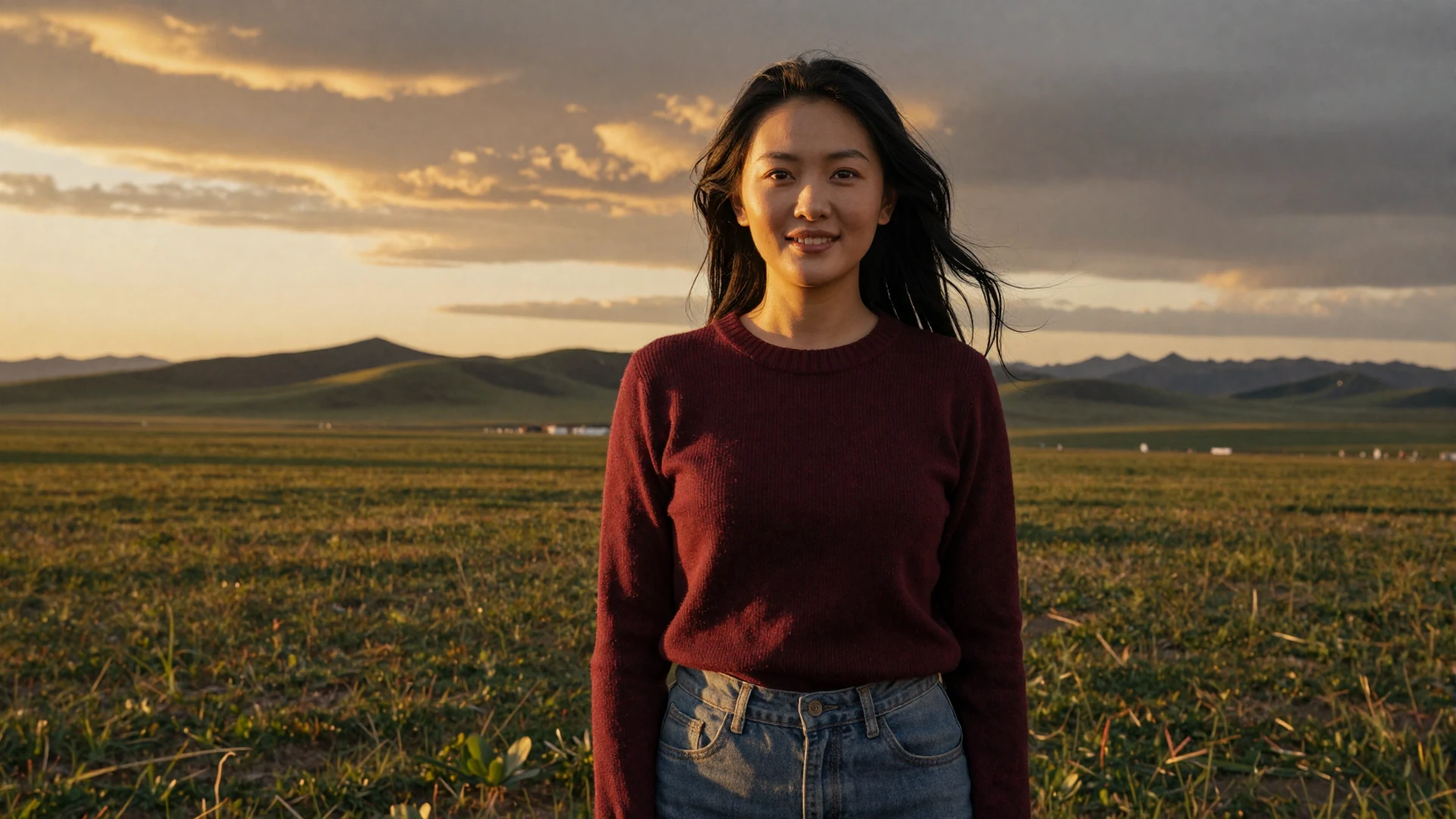 Beautiful Mongolian woman smiling on the vast steppe at golden hour for Mongolian women dating on LoveZoneTip