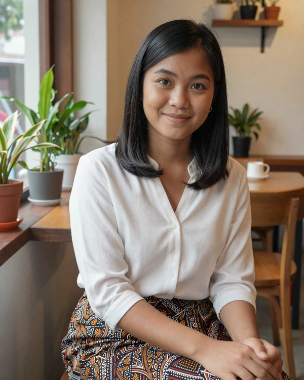Indonesian woman in a cozy cafe in Yogyakarta wearing casual batik outfit for Indonesia dating