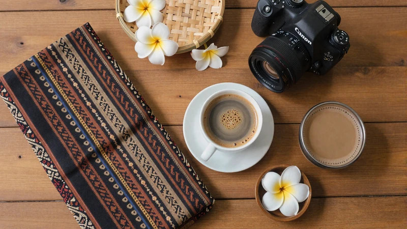Indonesian cultural items including batik fabric kopi tubruk coffee jamu and frangipani flowers representing Indonesian dating traditions