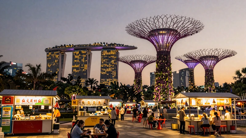 Singapore skyline at twilight with hawker center food stalls representing the vibrant dating scene for Singaporean women