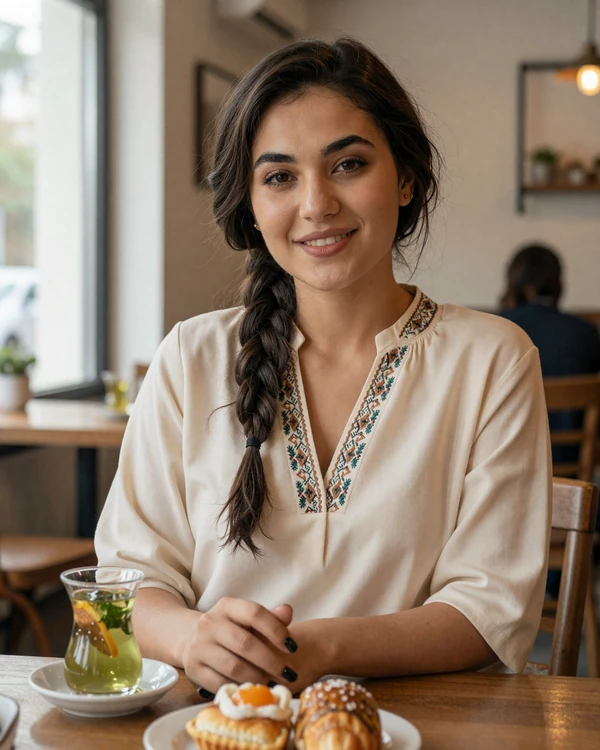 Turkmen woman enjoying tea at a cozy cafe representing Turkmen women dating culture