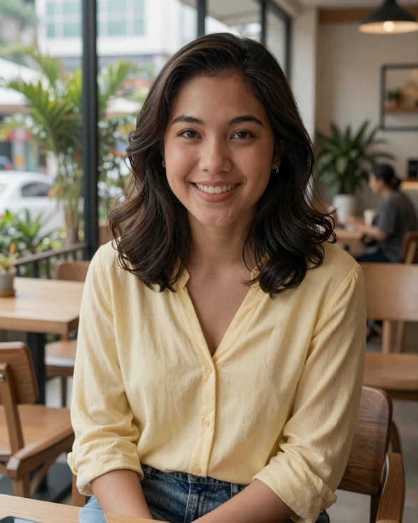 Filipina woman in a cozy cafe in Makati Manila wearing casual blouse for Philippines dating