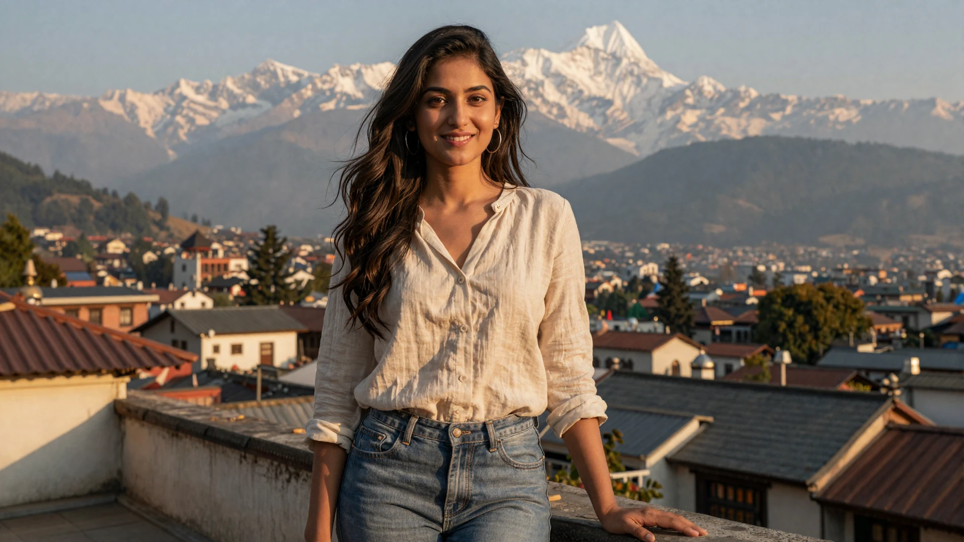 Beautiful Nepali woman smiling on a Kathmandu rooftop terrace with Himalayan mountains for Nepali women dating