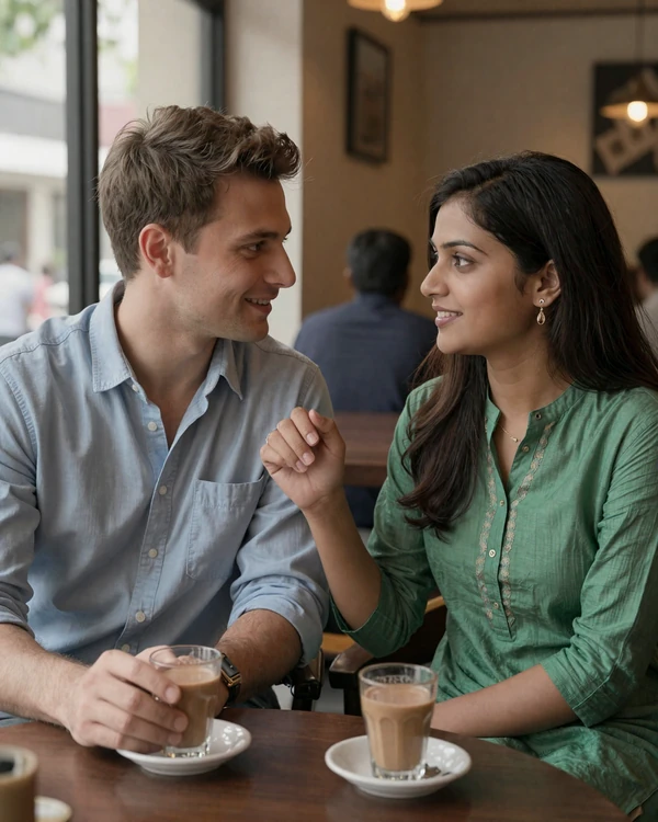 Western man and Bangladeshi woman holding hands at a cafe representing successful Bangladeshi women dating