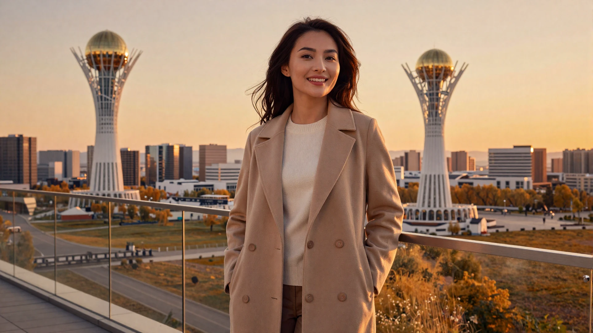 Beautiful Kazakh woman smiling on an Astana rooftop at golden hour for Kazakh women dating on LoveZoneTip
