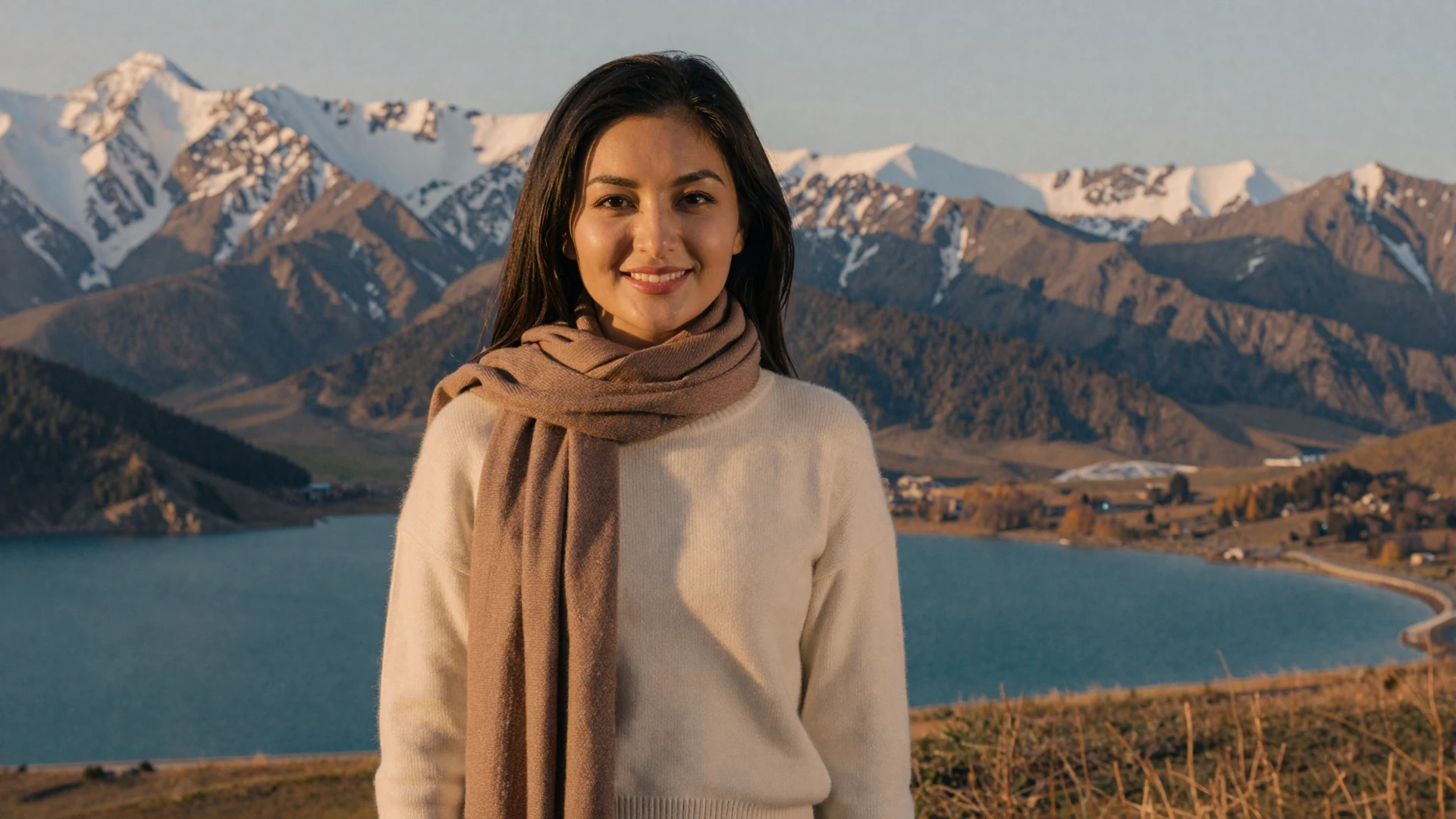 Beautiful Kyrgyz woman smiling with Tien Shan mountains and Issyk-Kul lake backdrop for Kyrgyz women dating on LoveZoneTip