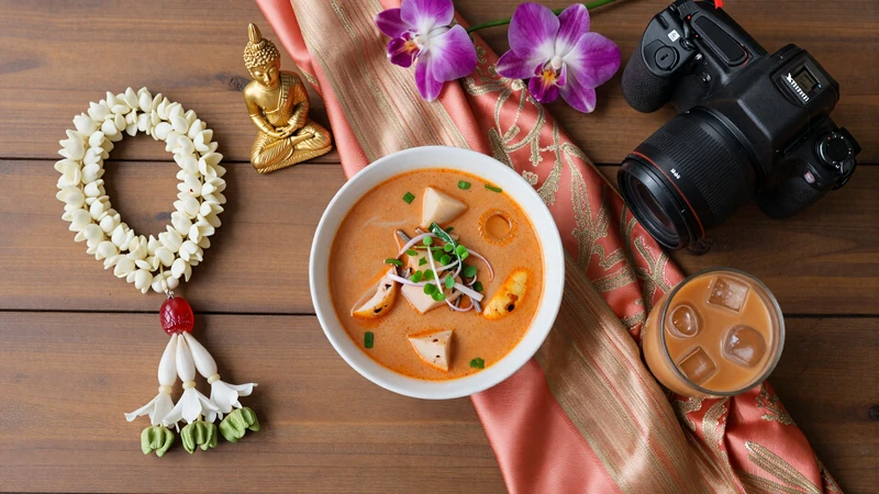 Thai cultural items including jasmine garland Buddha figurine tom yum soup and Thai silk representing Thai dating traditions
