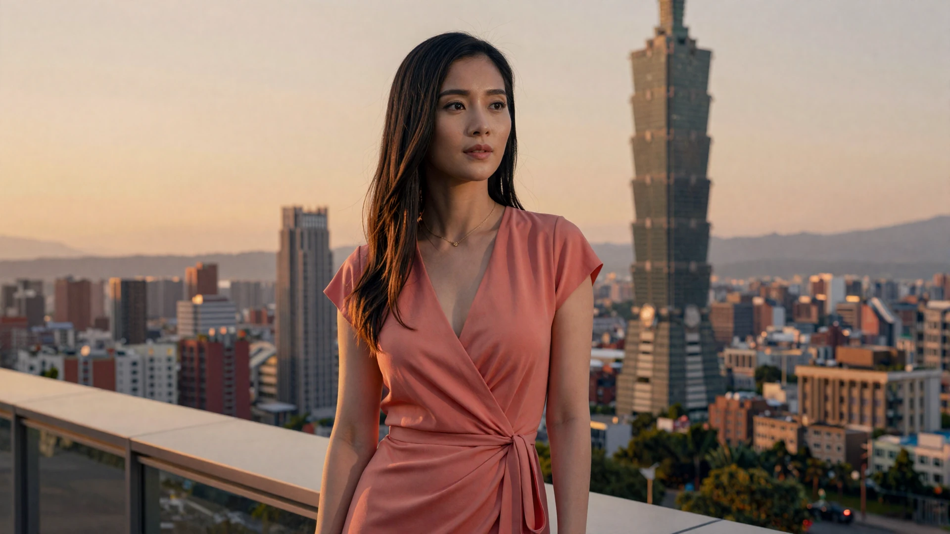 Stylish Taiwanese woman on a rooftop terrace with Taipei 101 skyline at sunset for Taiwanese women dating on LoveZoneTip