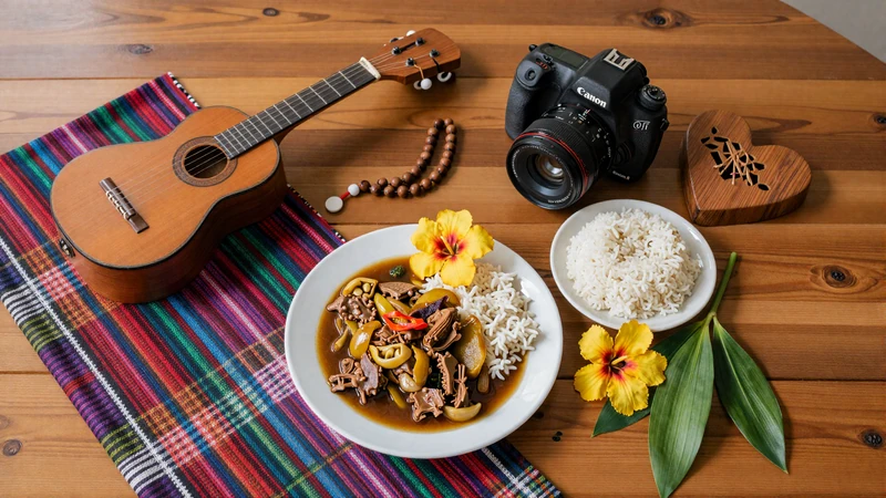 Filipino cultural items including guitar rosary tinalak fabric and adobo representing Filipino dating traditions