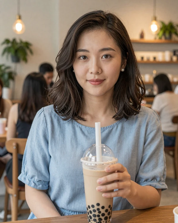 Taiwanese woman enjoying bubble tea at a trendy Taipei cafe representing Taiwanese women dating culture
